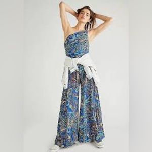 FREE PEOPLE Sz S THEA JUMPSUIT ONE SHOULDER ONE PIECE FLORAL WIDE LEG.